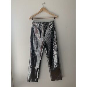 REMAIN Briger Christensen 100% Lamb Leather Straight Leg Pants Metallic Stripe 4